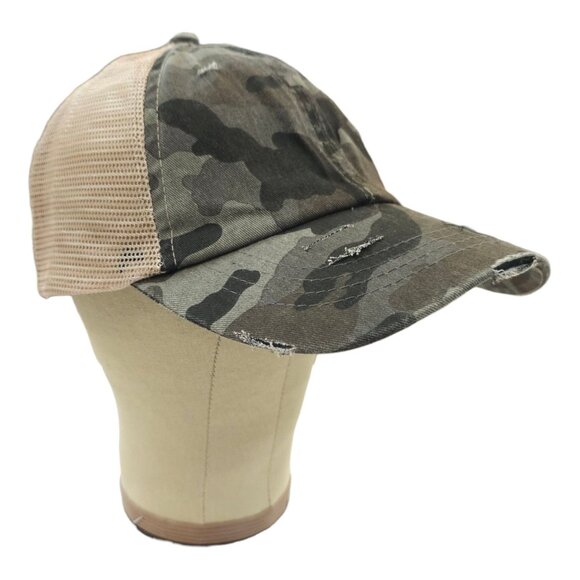 C C Exclusives Distressed Camo Ponytail Mesh Strapback Cap Baseball Hat - Picture 3 of 13